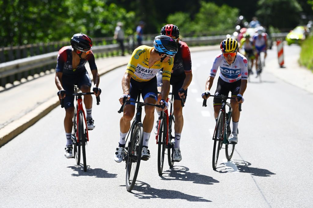 MALBUM SWITZERLAND JUNE 18 Daniel Felipe Martinez Poveda of Colombia and Team INEOS Grenadiers Jakob Fuglsang of Denmark and Team Israel Premier Tech Yellow Leader Jersey Geraint Thomas of The United Kingdom and Team INEOS Grenadiers and Sergio Andres Higuita Garcia of Colombia and Team Bora Hansgrohe White Best Young Rider Jersey attack in the final climb during the 85th Tour de Suisse 2022 Stage 7 a 1946km stage from Ambri to Malbun 1560m tourdesuisse2022 WorldTour on June 18 2022 in Malbun Switzerland Photo by Tim de WaeleGetty Images