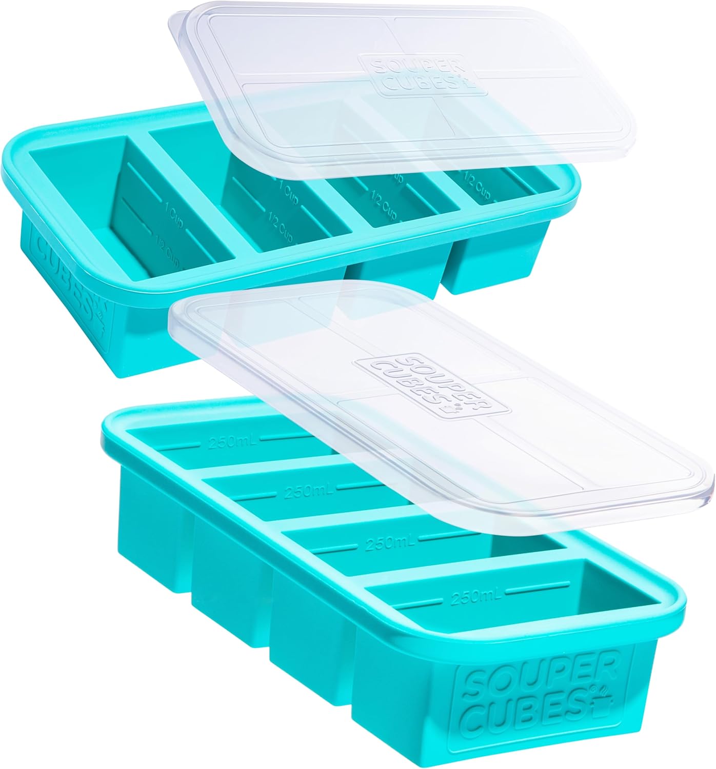 Souper Cubes 1 Cup Silicone Freezer Tray With Lid - Easy Meal Prep Container and Kitchen Storage Solution - Silicone Molds for Soup and Food Storage - Aqua - 2-Pack