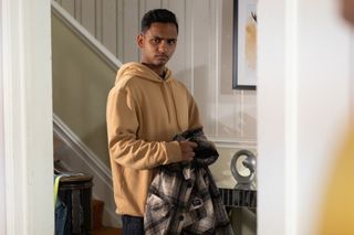 Imran (above) has been trying to cover up his eating disorder again in Hollyoaks.