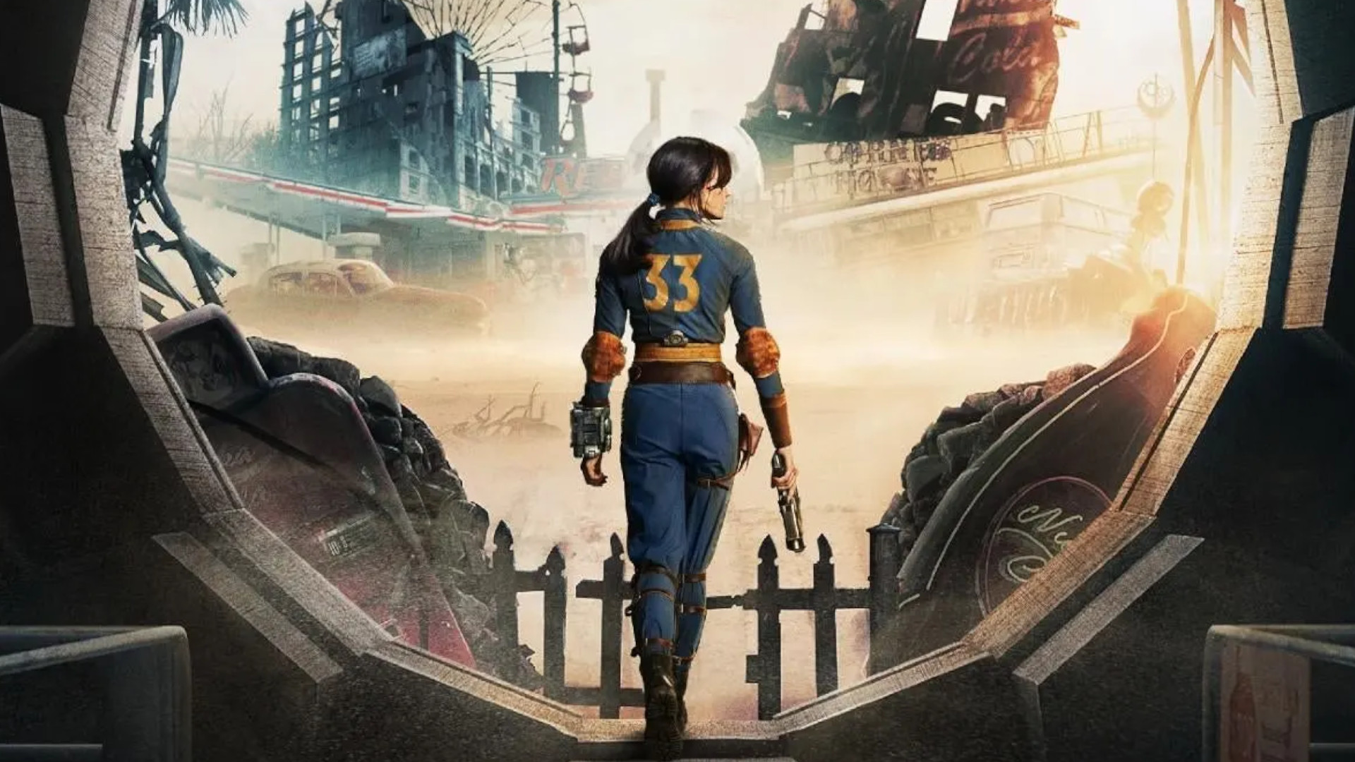 Best Fallout vaults: Lucy MacLean walking out of Vault 33 into the Wasteland during Fallout season 1 of the Amazon TV series. 