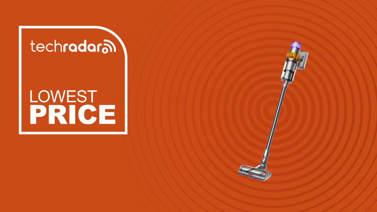 Dyson V15 Detect Plus Cordless Vacuum in yellow and nickel on orange background with lowest price sign