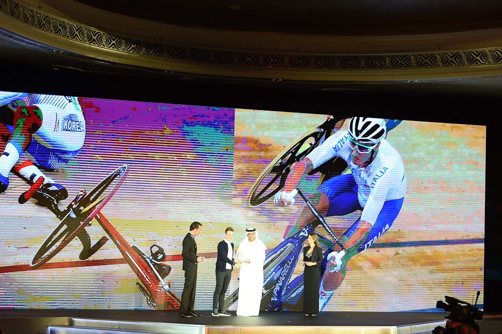Elia Viviani, an Italian racing cyclist, who rides for Team Sky, receives The Winning Spirit - a unique Abu Dhabi Sports Council award for the rider who showed tenacity