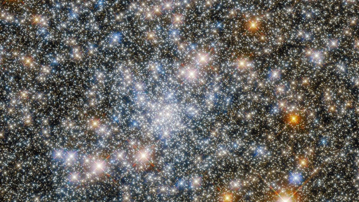 De afbeelding van de Hubble-ruimtetelescoop toont een met sterren bezaaide bolvormige sterrenhoop