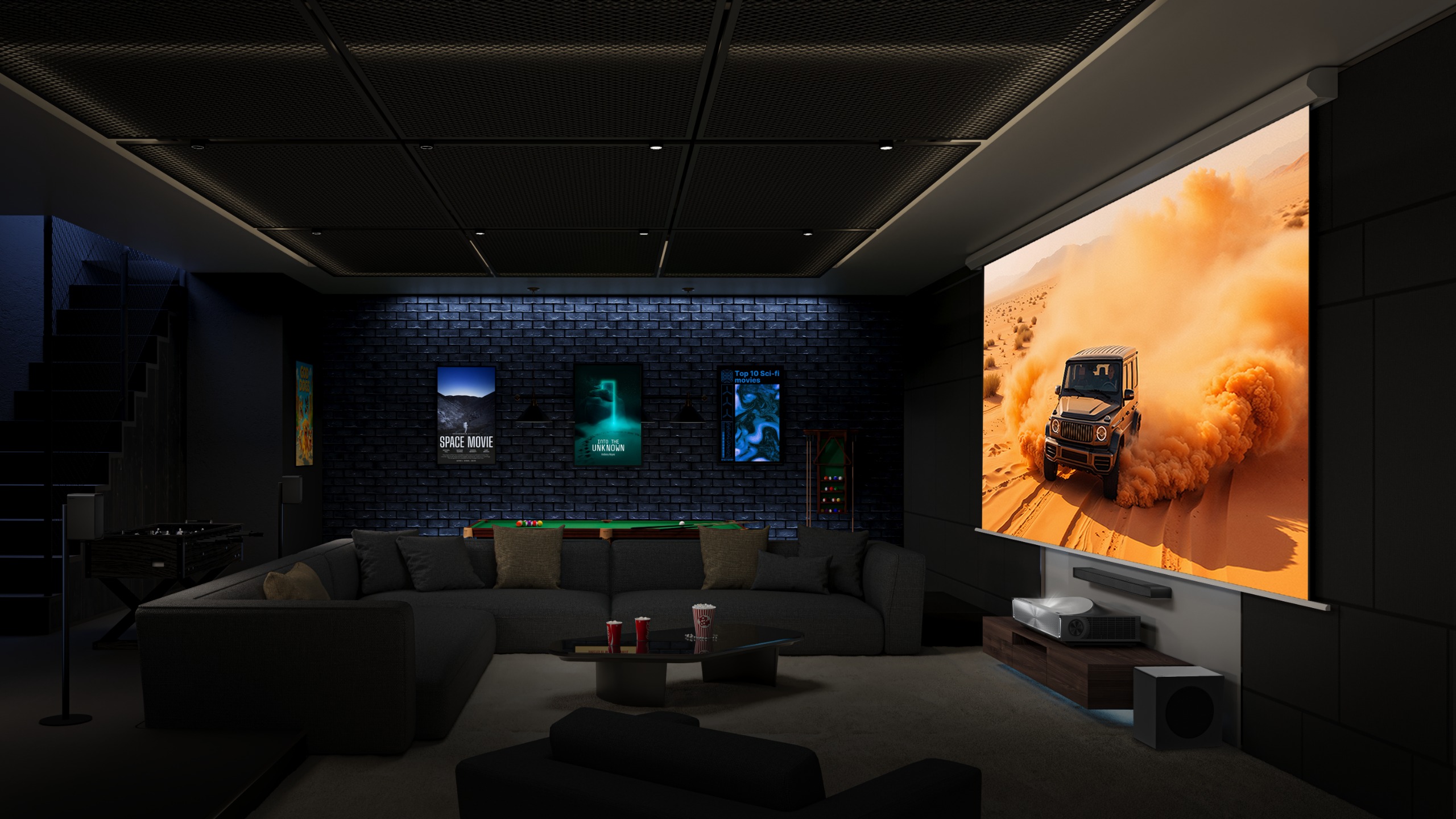 A modern, dimly lit room with a Hisense PX4-Pro beaming a movie showing an off road vehicle onto a screen