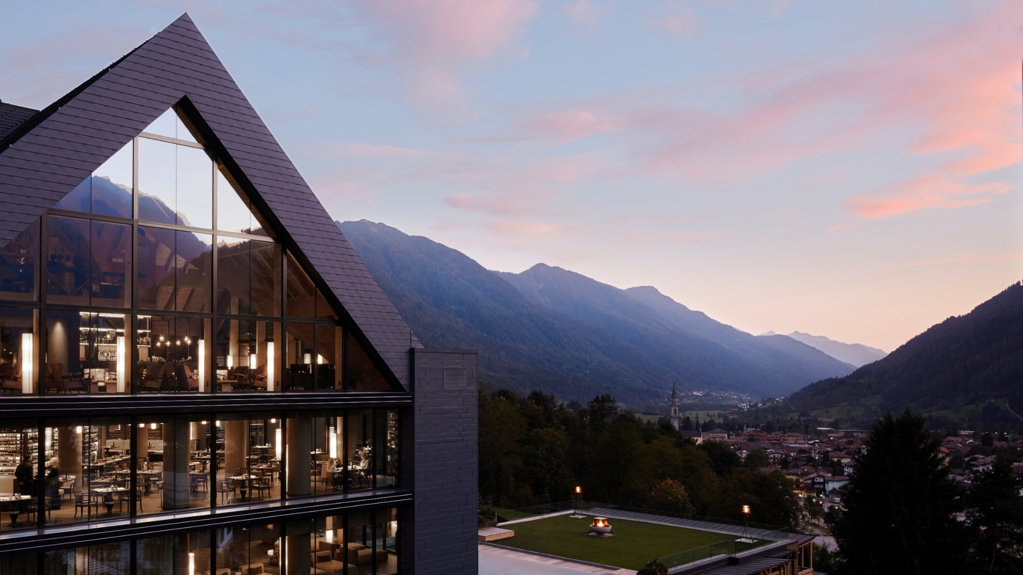 Lefay Resort &amp; SPA Dolomiti exterior at sunset