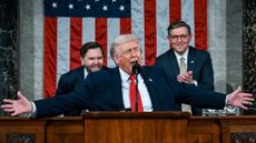 US Vice President JD Vance, from left, President Donald Trump, and House Speaker Mike Johnson, a Republican from Louisiana, during a State of the Union address in the House Chamber of the US Capitol in Washington, DC