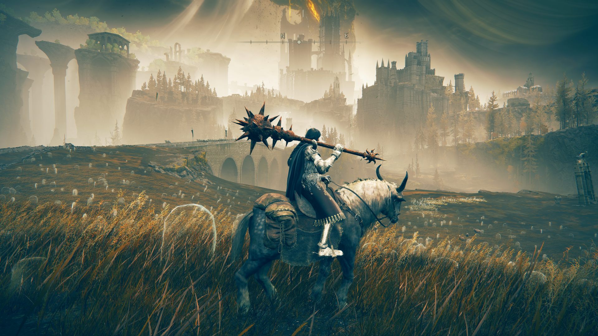 Elden Ring Shadow of the Erdtree screenshot of a character on a horse with a mace and shadowy castles in the background