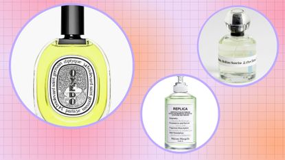 Best vacation perfumes: scents from Diptyque/Maison Margiela and &Other Stories in a pink, purple and orange gradient template