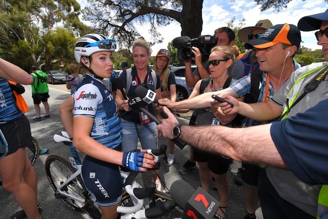 The press pounce on Letizia Paternoster (Trek-Segafredo) after she wins the opening stage of the 2019 Women's Tour Down Under