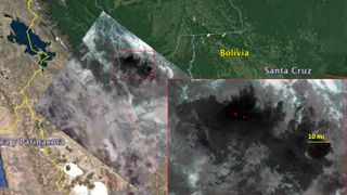 NASA's ECOSTRESS captured a snapshot of fires burning in the Bolivian Amazon on Aug. 23, 2019.