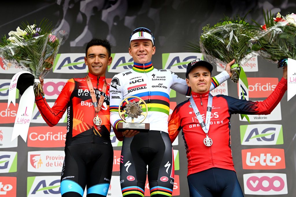 Santiago Buitrago, Remco Evenepoel and Tom Pidcock on the podium of Liege-Bastogne-Liege in 2023