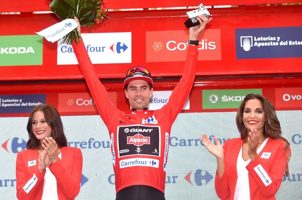 Tom Dumoulin celebrates his third red jersey