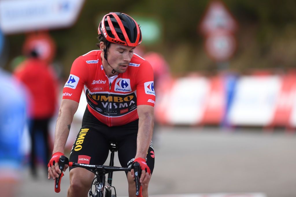 ALTO DE LA FARRAPONA LAGOS DE SOMIEDO SPAIN OCTOBER 31 Arrival Primoz Roglic of Slovenia and Team Jumbo Visma Red Leader Jersey during the 75th Tour of Spain 2020 Stage 11 a 170km stage from Villaviciosa to Alto de La Farrapona Lagos de Somiedo 1708m lavuelta LaVuelta20 La Vuelta on October 31 2020 in Alto de La Farrapona Lagos de Somiedo Spain Photo by David RamosGetty Images