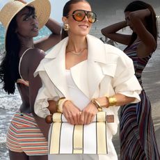 The print trend, colored stripes, is shown in a collage of women wearing striped summer clothing 