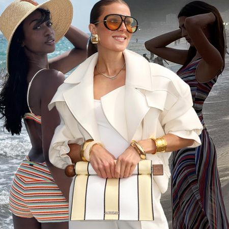 The print trend, colored stripes, is shown in a collage of women wearing striped summer clothing 