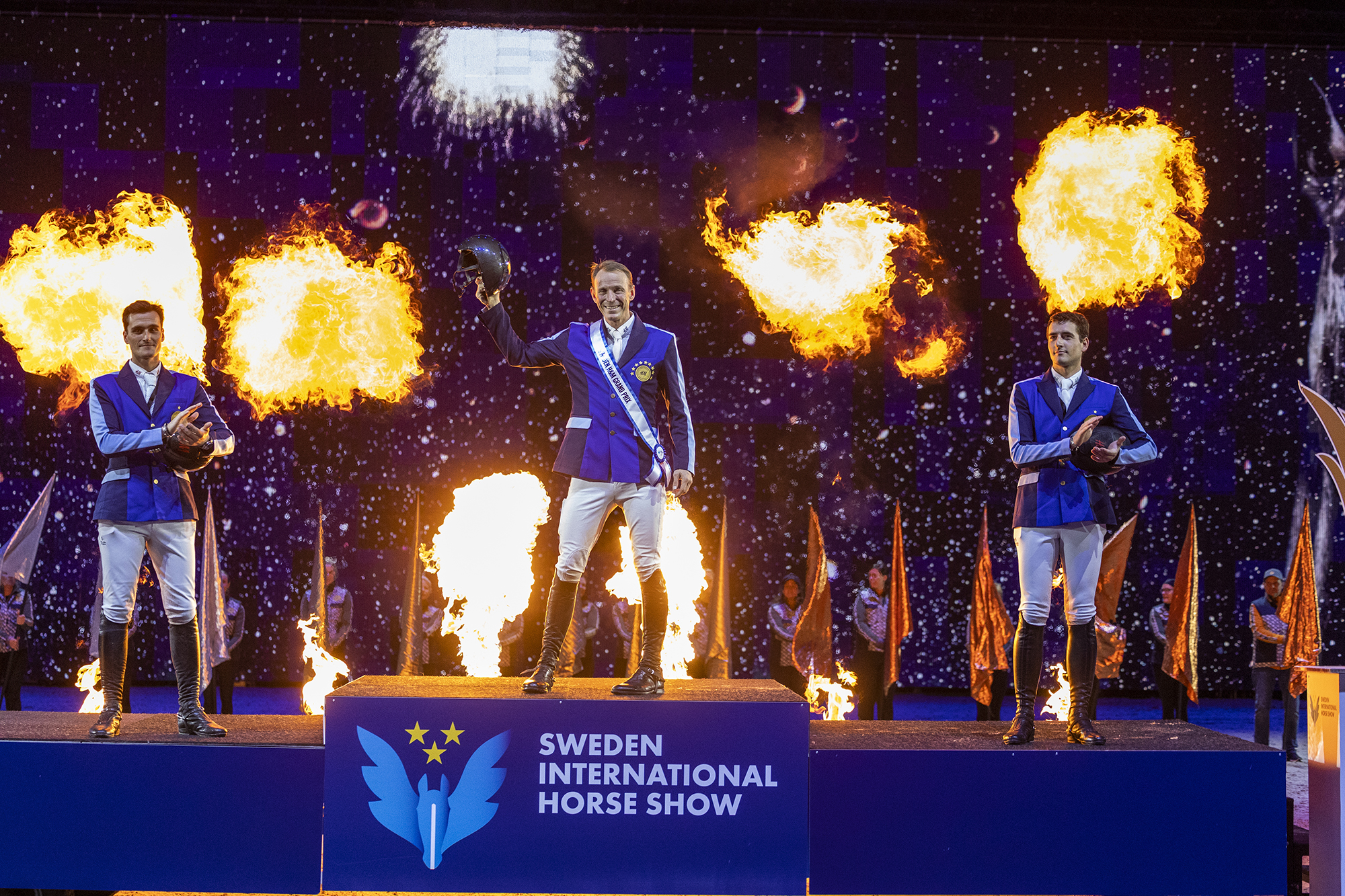 The podium for the CSI4* H&amp;amp;M grand prix at the Sweden International Horse Show