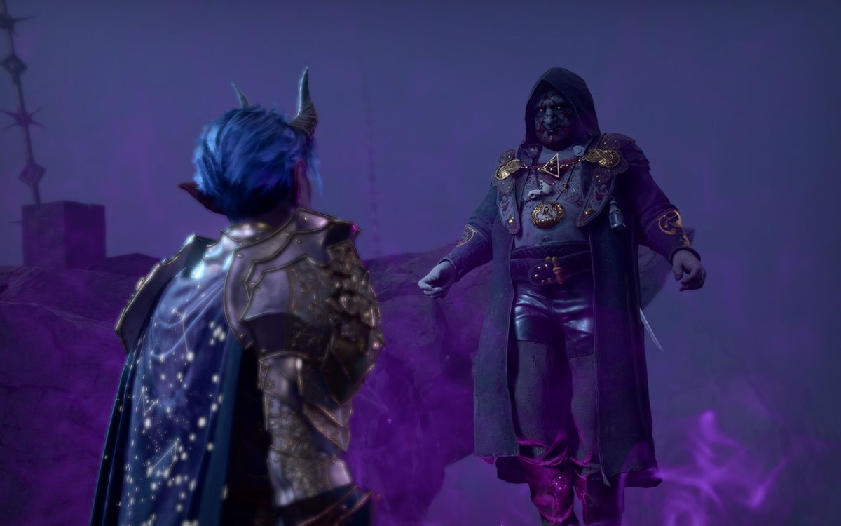Balthazar, a necromancer, floats ominously before the player in Baldur's Gate 3.