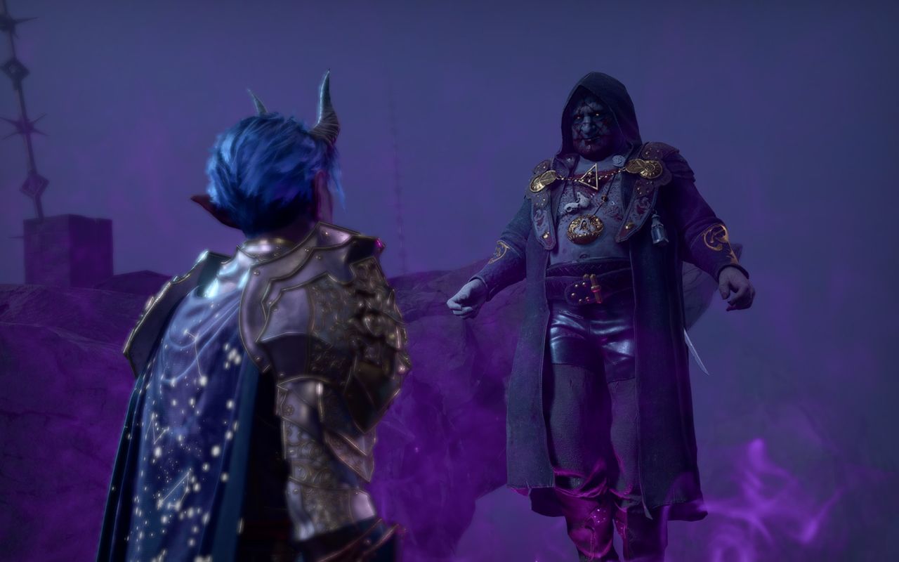 Balthazar, a necromancer, floats ominously before the player in Baldur's Gate 3.