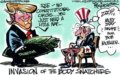 Political cartoon U.S. Trump Uncle Sam Invasion of the Body Snatchers Mueller FBI Russia investigation