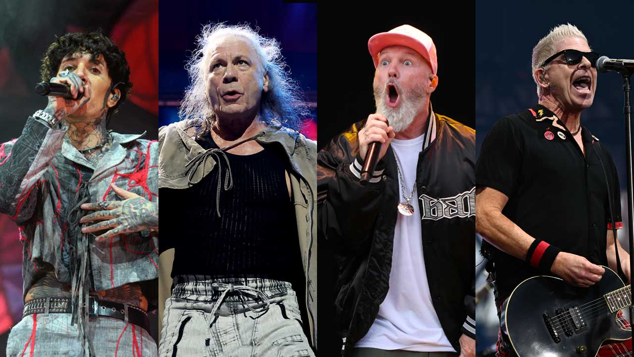 Oli Sykes, Bruce Dickinson, Fred Durst and Dexter Holland onstage (composite image)