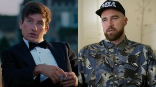 From left to right: Barry Keoghan in Saltburn and Travis Kelce in the documentary Kelce.