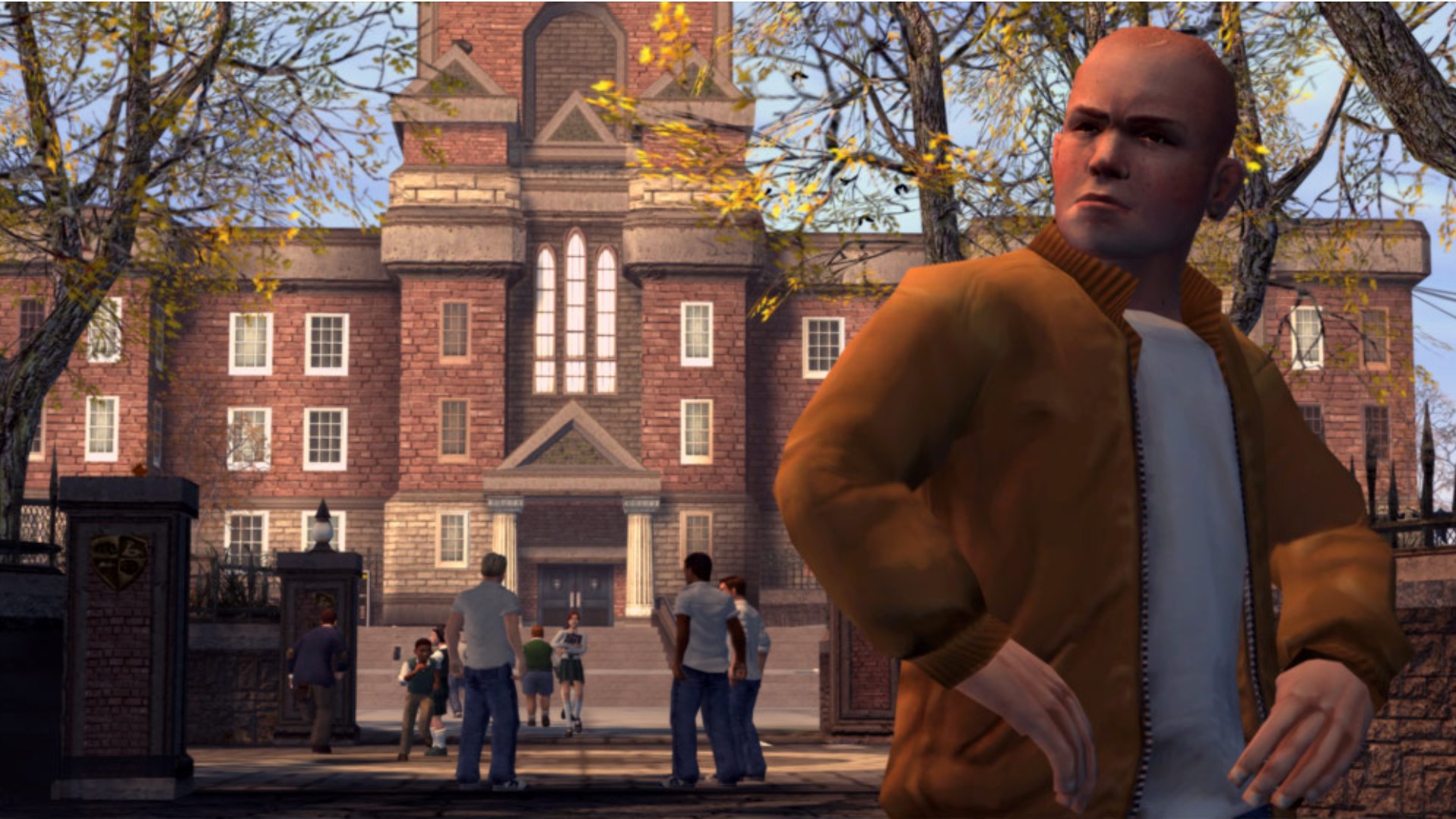 Bully: captura de pantalla de Scholarship Edition de Jimmy Hopkins parado afuera de Bullworth Academy con las manos en las caderas