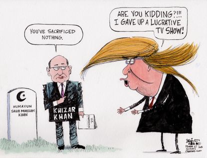 Political cartoon U.S. Trump TV show sacrifice