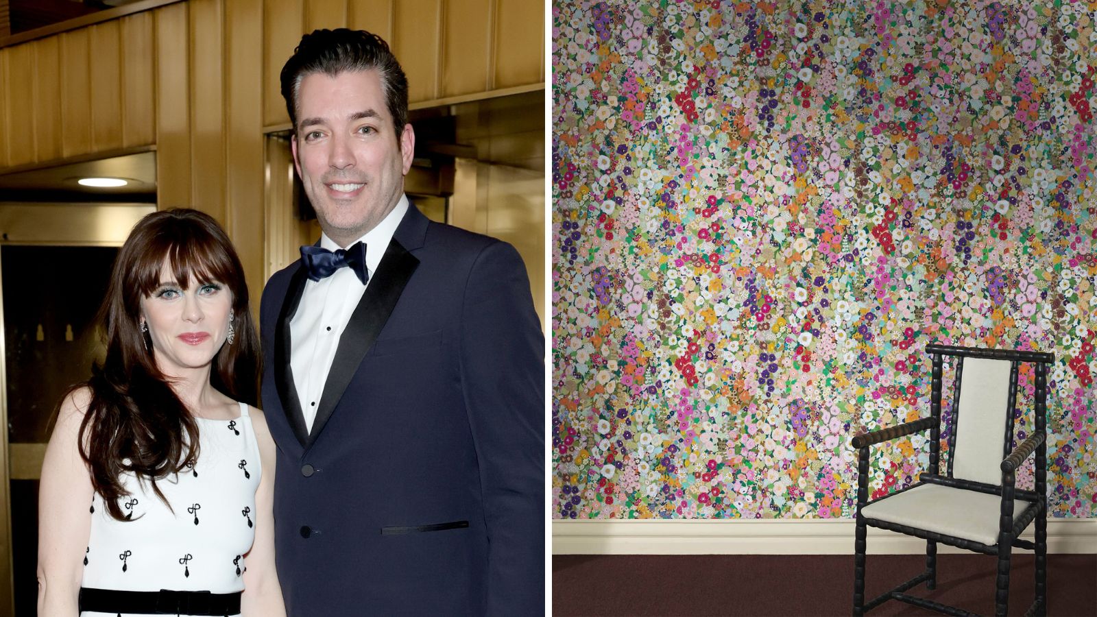 a splitscreen image with zooey deschanel and jonathan scott on the left and a lifestyle image of house of hackney's hollyhocks print