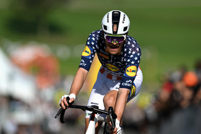 Quinn Simmons of United States and Team Lidl - Trek crosses the finish line during the 15th Grand Prix Cycliste de Quebec 2026 a 206km one day race in Quebec City (Photo by Dario Belingheri/Getty Images)