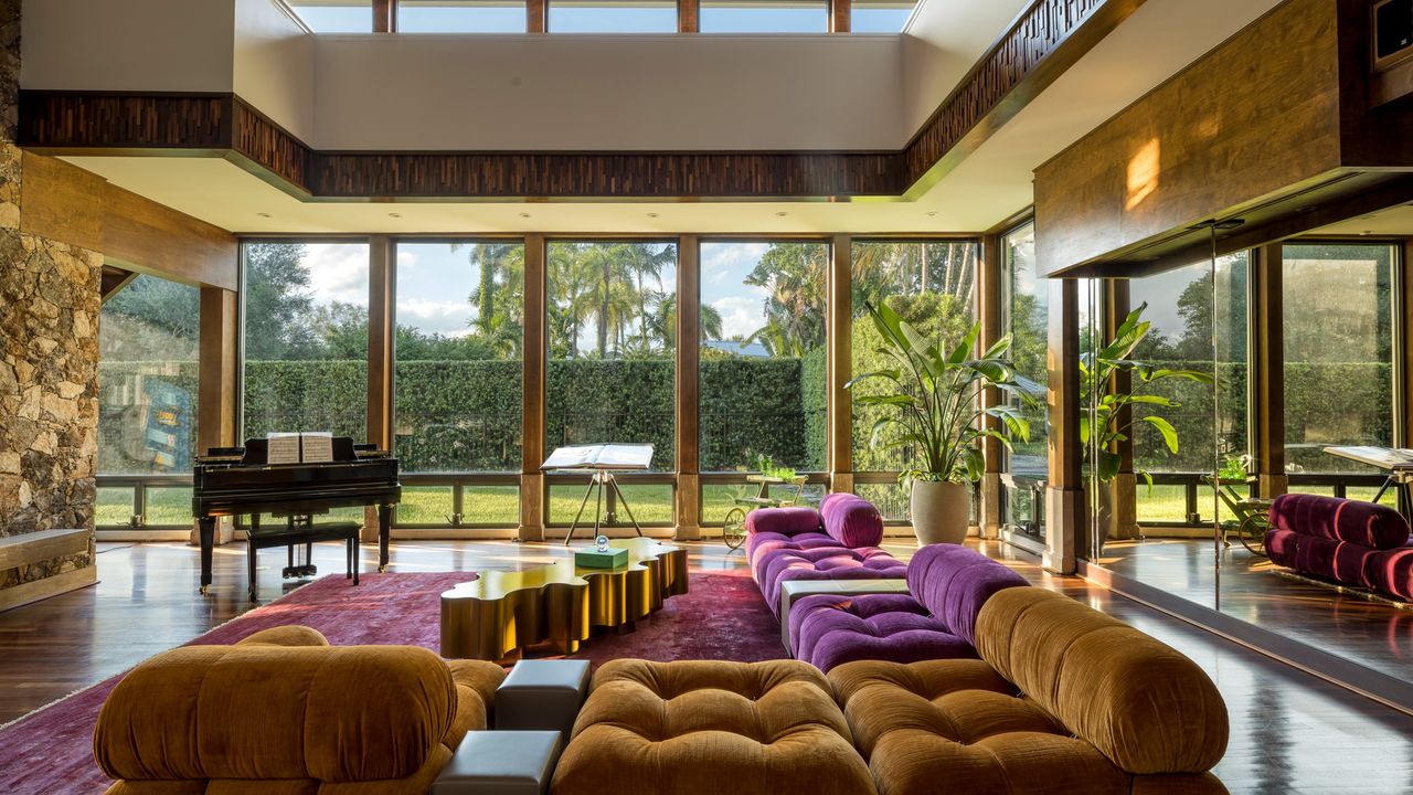 70s-inspired living room with a large view and two-tone large sofa