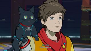 The protagonist Chai looks up, with a robot cat on his shoulders, as someone off camera says they like defects in Hi-Fi Rush