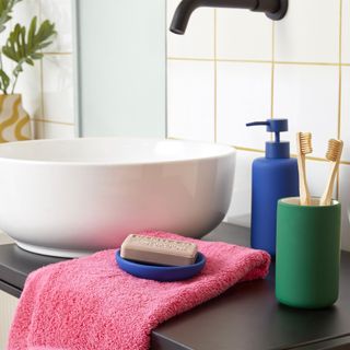 green and blue soap dispenser and toothbrush holder