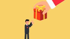 Illustration depicting Santa Clause handing a present to a businessman