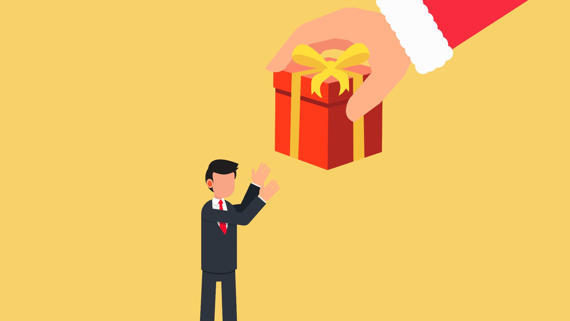 Illustration depicting Santa Clause handing a present to a businessman 