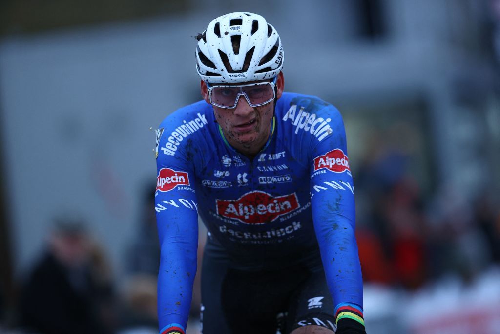 Dutch Mathieu Van Der Poel crosses the finish line at the mens race of the Superprestige Boom Fourth stage of the Superprestige cyclocross cycling competition Saturday 03 December 2022 in BoomBELGA PHOTO DAVID PINTENS Photo by DAVID PINTENS BELGA MAG Belga via AFP Photo by DAVID PINTENSBELGA MAGAFP via Getty Images