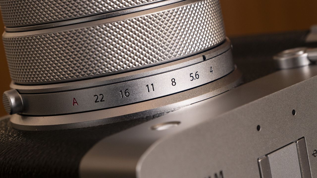 Closeup of the Fujifilm GFX100 RF medium-format compact camera's lens