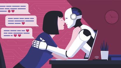 Woman kissing her AI virtual companion and chatting: digital relationships with AI.