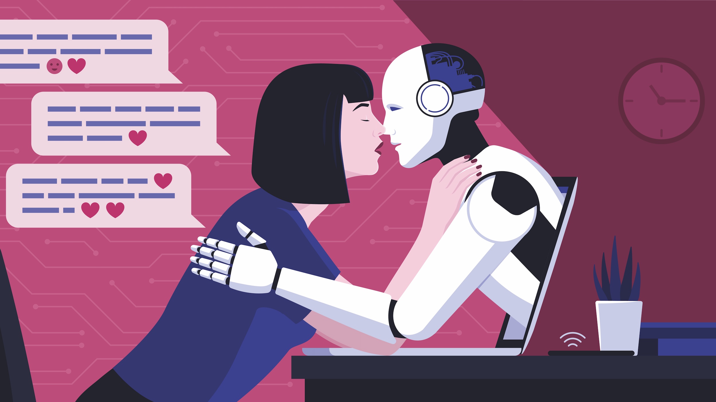 Woman kissing her AI virtual companion and chatting: digital relationships with AI.