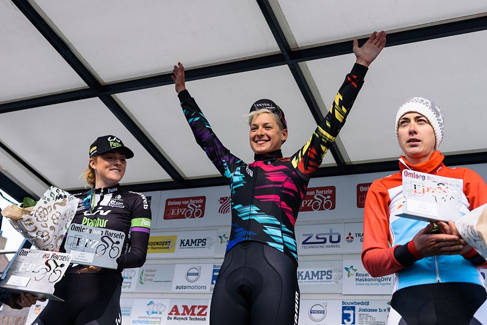 Top three: Barbara Guarischi, Floortje Mackaij and Christine Majerus at Omloop van Borsele 2016