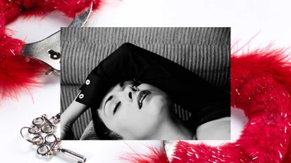 collage of images in red, black and white with woman lying on her back