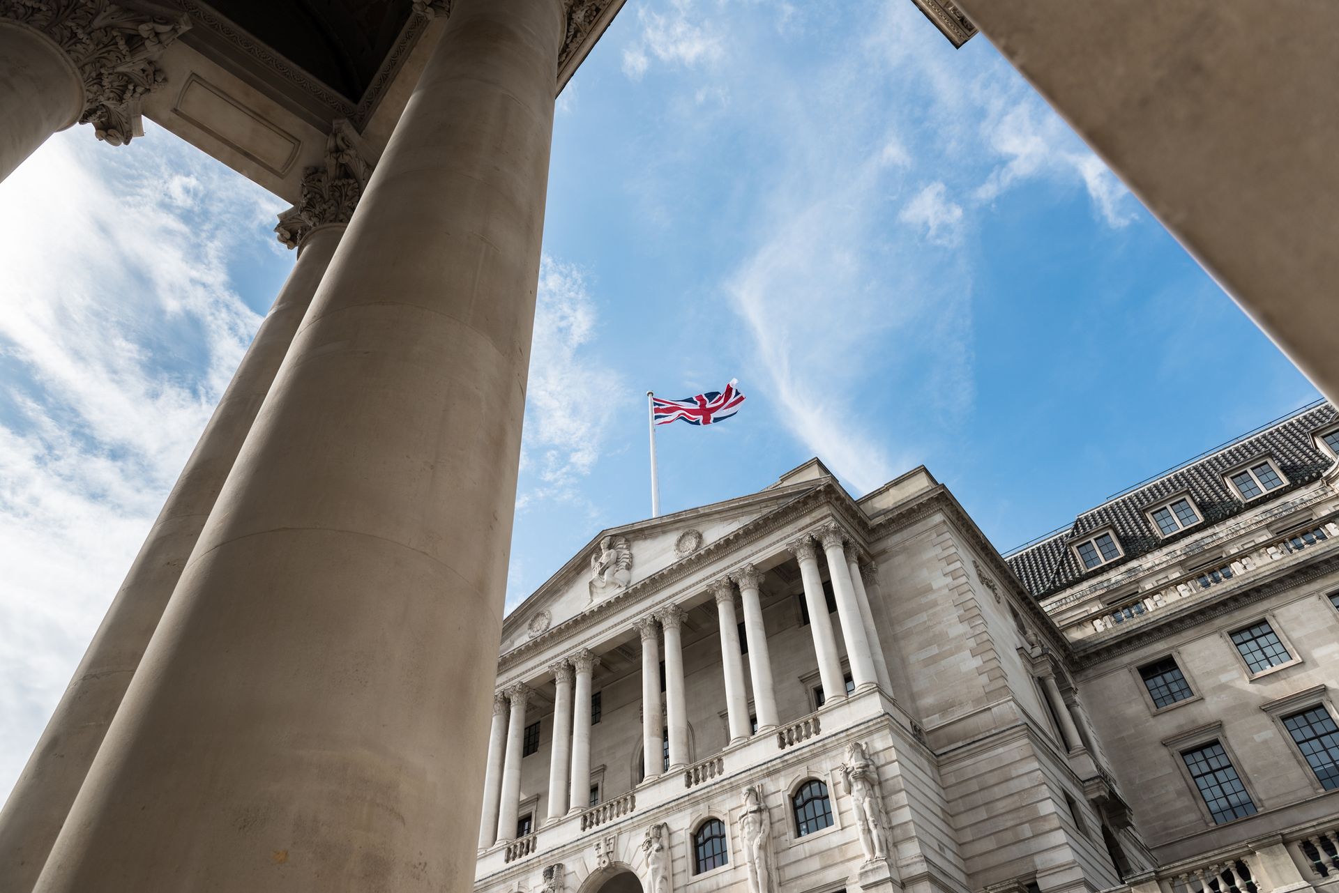 Low angle view of the Bank of England, Threadneedle Street, in the City of London, UK.