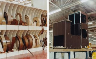 Left: a selection of veneer edging for interior fixtures and furniture. Right: a galley under construction.