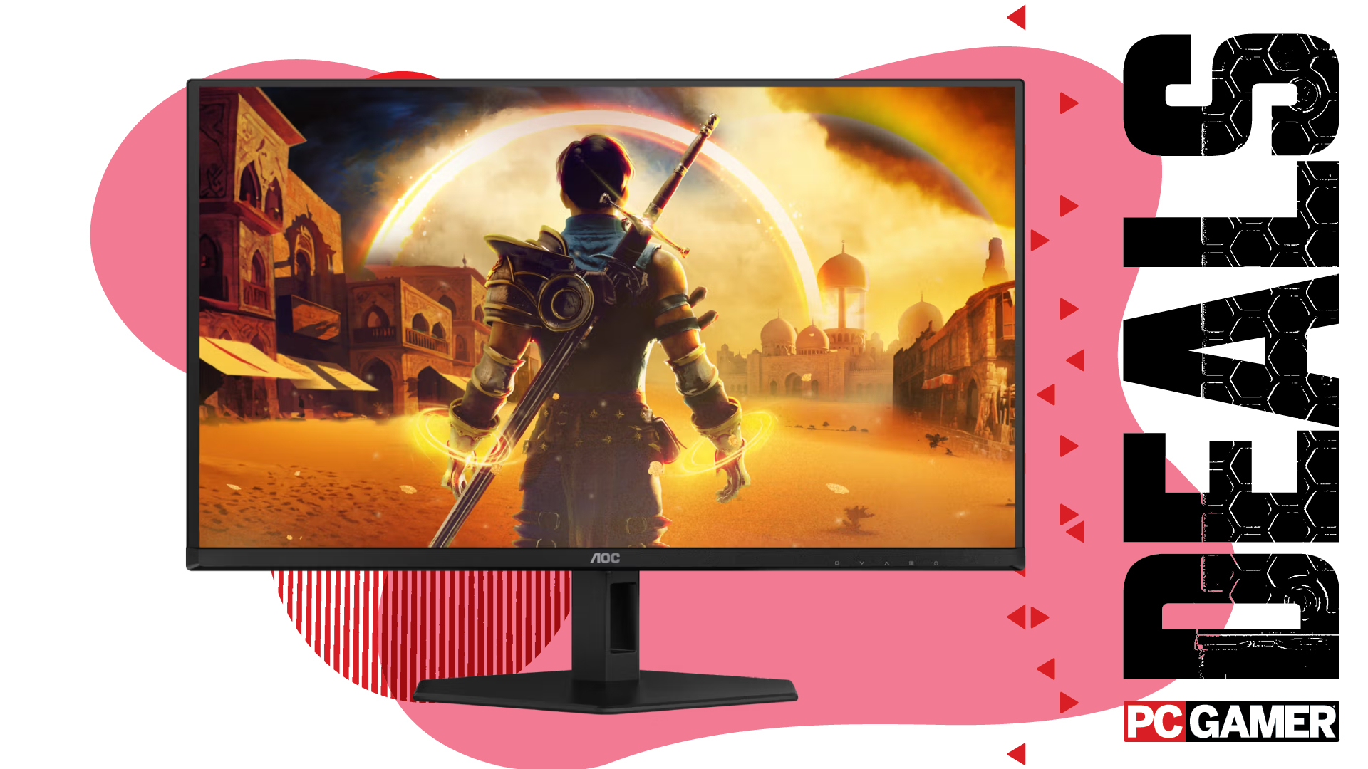An AOC Q27GAZD QD-OLED 240 Hz gaming monitor on a pink and white deals background