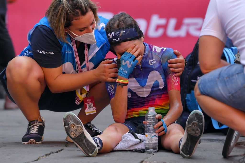 SIENA ITALY AUGUST 01 Arrival Eider Merino Cortazar of Spain and Movistar Team Women Cry Soigneur Dust during the Eroica 6th Strade Bianche 2020 Women Elite a 136km race from Siena to Siena Piazza del Campo StradeBianche on August 01 2020 in Siena Italy Photo by Luc ClaessenGetty Images