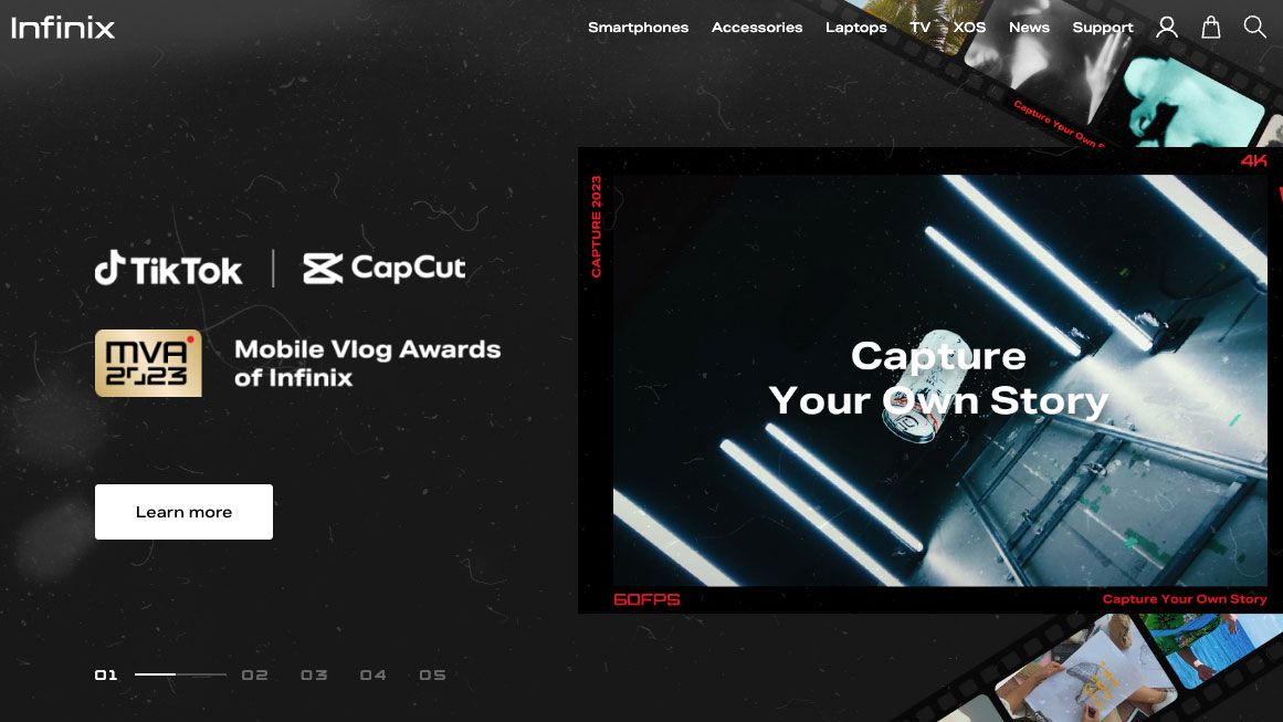 Infinix Mobility homepage that says &#039;capture your own story&#039;