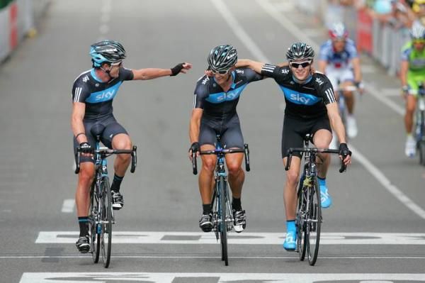 Greg Henderson (Team Sky) celebrates with team-mates Chris Sutton and Benjamin Swift.