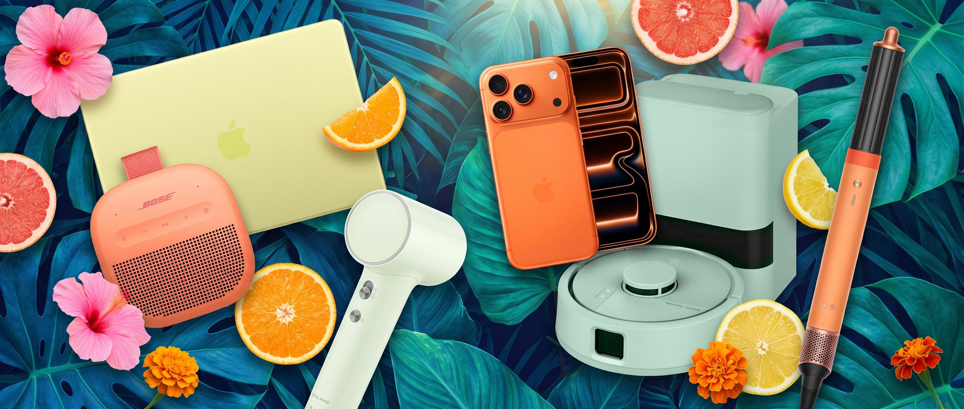 Selection of tech in oranges, yellows and greens