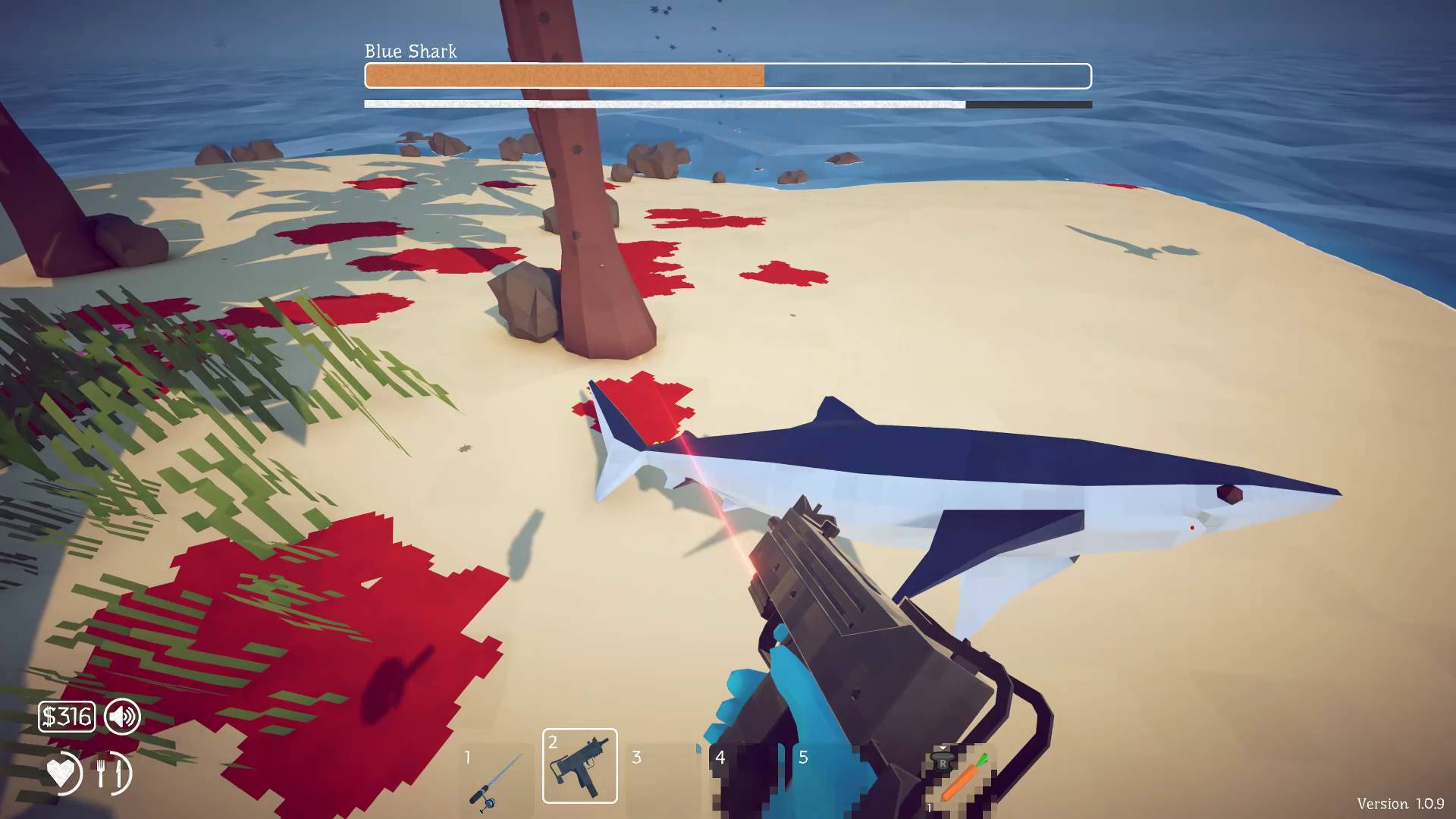 How to Fish player reloading SMG as blue shark flops about in front of them on the beach