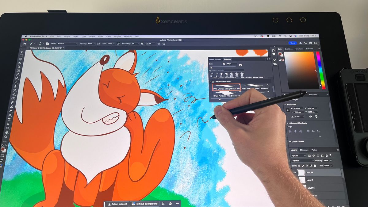 Hand drawing on Xencelabs Pen Display 24+ with image of cartoon fox on the screen