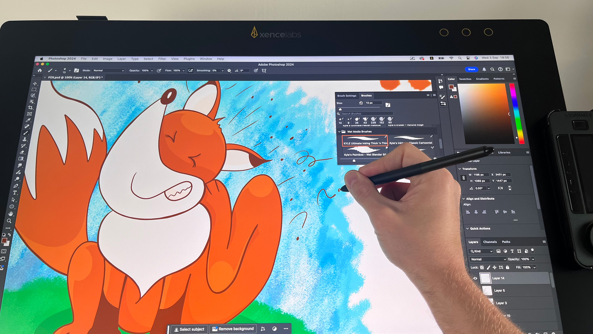 Hand drawing on Xencelabs Pen Display 24+ with image of cartoon fox on the screen